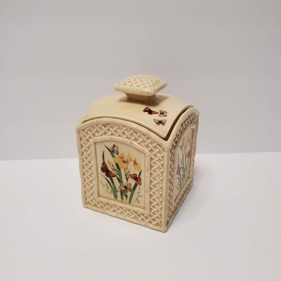 Vintage Enesco BUTTERFLY GARDEN TRELLIS Canister / Jar, Retro Cottagecore Decor - Picture 2 of 10